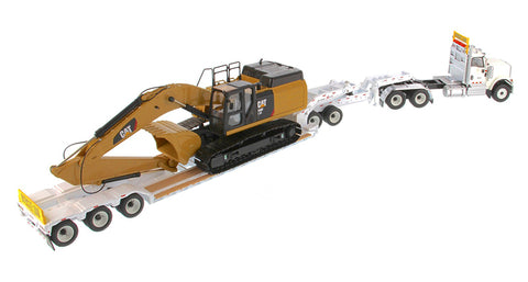 International HX520 Tandem Day Cab Tractor in White with XL 120 HDG Lowboy Trailer and Cat 349F L XE Hydraulic Excavator - Transport Series (85600)